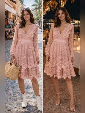 Lace Ruffled Mini Dress in Blush Pink